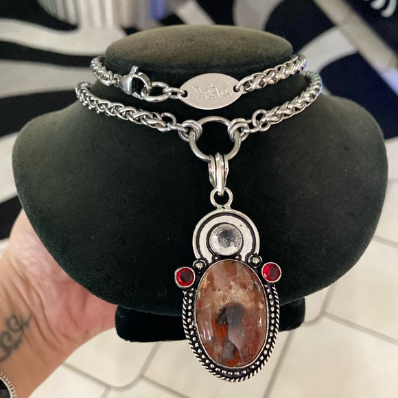 925 sterling silver overlay genuine red jasper stone boho steel chain necklace - Picture 15 of 15